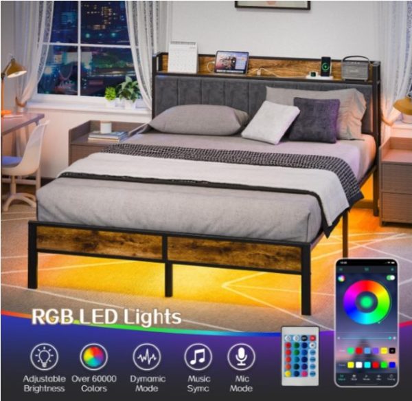 TC-ZWJ0019 RGB LED Metal Bed Frame with Charging Station Headboard