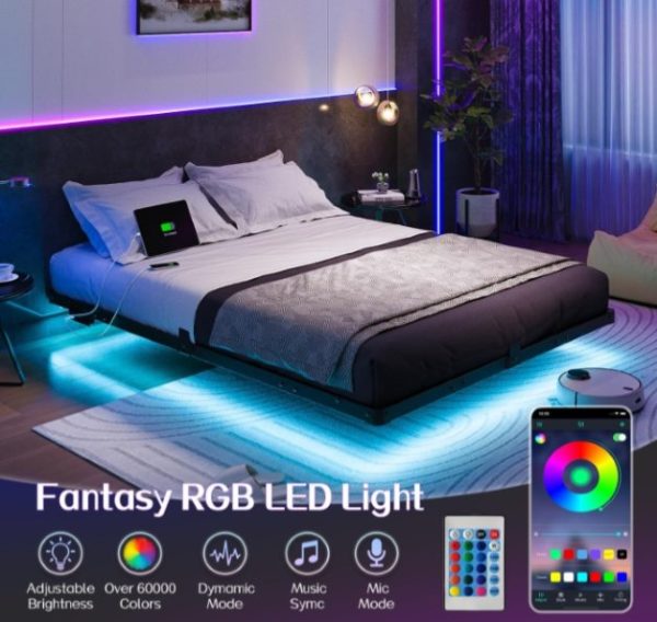 TC-ZWJ0020 RGB LED Floating Bed Frame with Charging Station