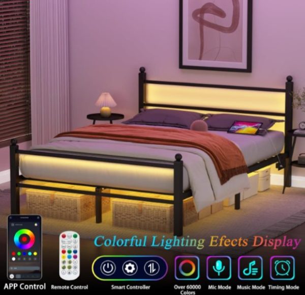 TC-ZWJ0021 LED Metal Bed Frame with Lighted Headboard and USB Charging