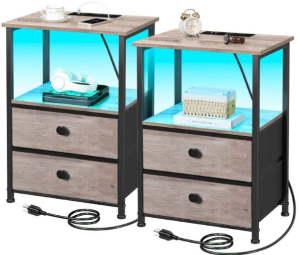 TC-ZWJ007 LED Nightstand with 2 Drawers and Built-in Top Outlet